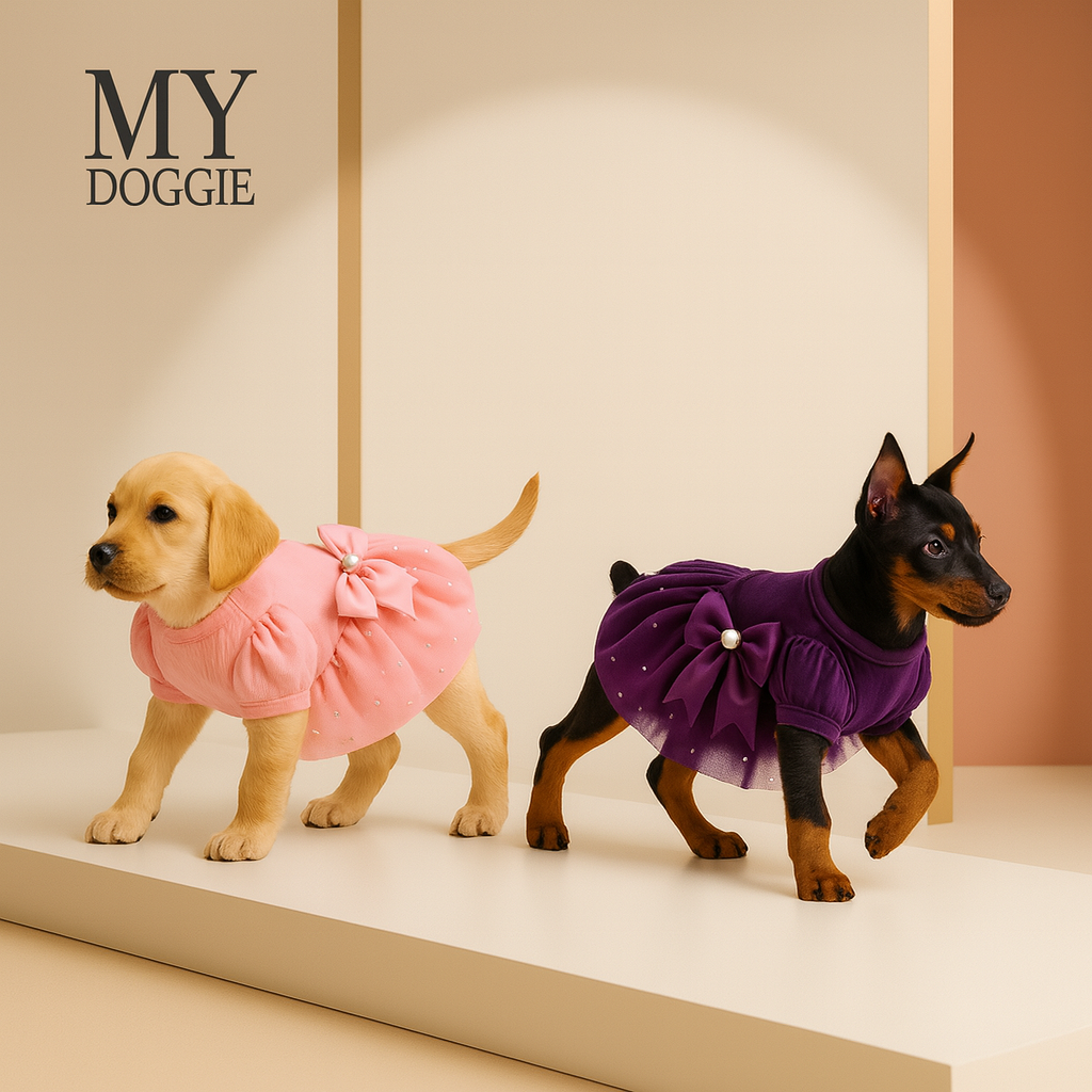 My Doggie Luxury Velvet Dog Dress — Pink Princess Outfit with Glitter Tulle Skirt & Satin Bow with Pearl Detail — Premium Gift-Ready Pet Dress