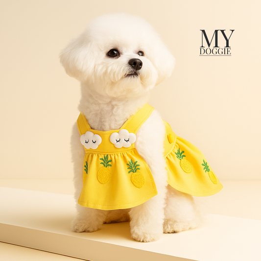 HAPPY EVERYDAY Vestidos de perro amarillo piñas
