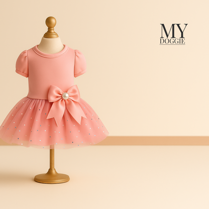 My Doggie Luxury Velvet Dog Dress — Pink Princess Outfit with Glitter Tulle Skirt & Satin Bow with Pearl Detail — Premium Gift-Ready Pet Dress