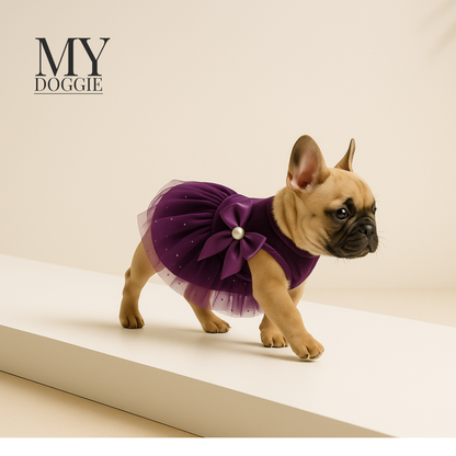My Doggie Luxury Velvet Dog Dress — Pink Princess Outfit with Glitter Tulle Skirt & Satin Bow with Pearl Detail — Premium Gift-Ready Pet Dress