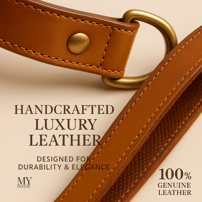 My Doggie Premium Leather Dog Collar with AirTag Pocket & Safety Clasp — 100% Genuine Leather, Heavy-Duty Buckles, Secure Matching Leather Leash