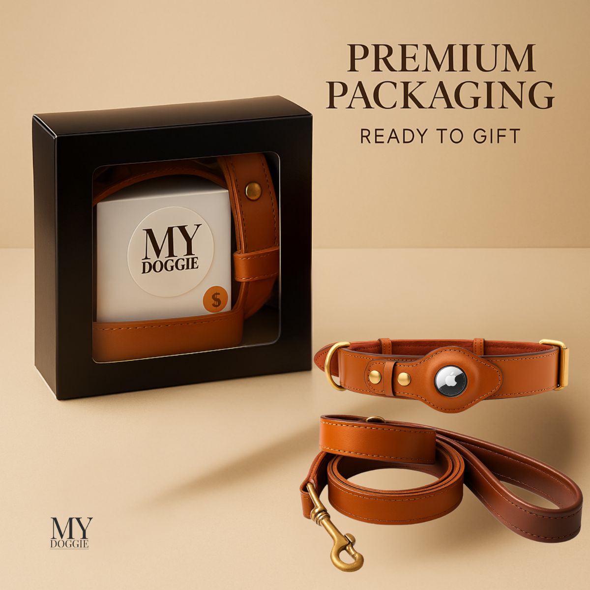 My Doggie Premium Leather Dog Collar with AirTag Pocket & Safety Clasp — 100% Genuine Leather, Heavy-Duty Buckles, Secure Matching Leather Leash