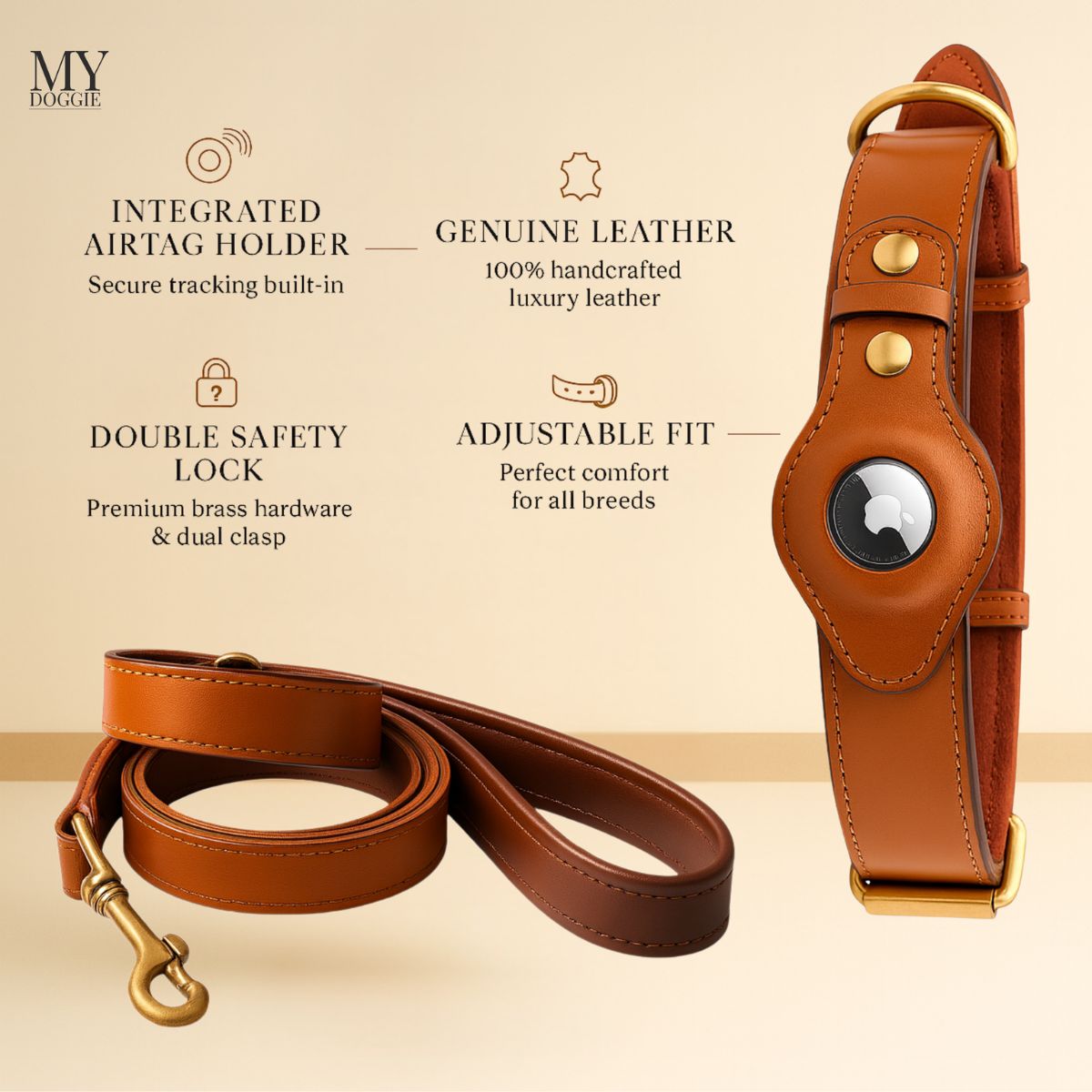 My Doggie Premium Leather Dog Collar with AirTag Pocket & Safety Clasp — 100% Genuine Leather, Heavy-Duty Buckles, Secure Matching Leather Leash