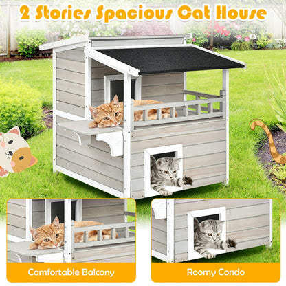 2-Story Wooden Patio Luxurious Cat Shelter House Condo with Large Balcony
