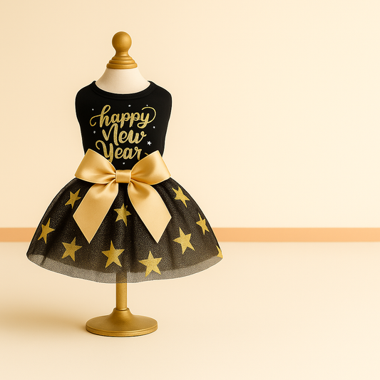 Happy New Year Dog Dress — Black & Gold Tulle Tutu, Glitter Lettering