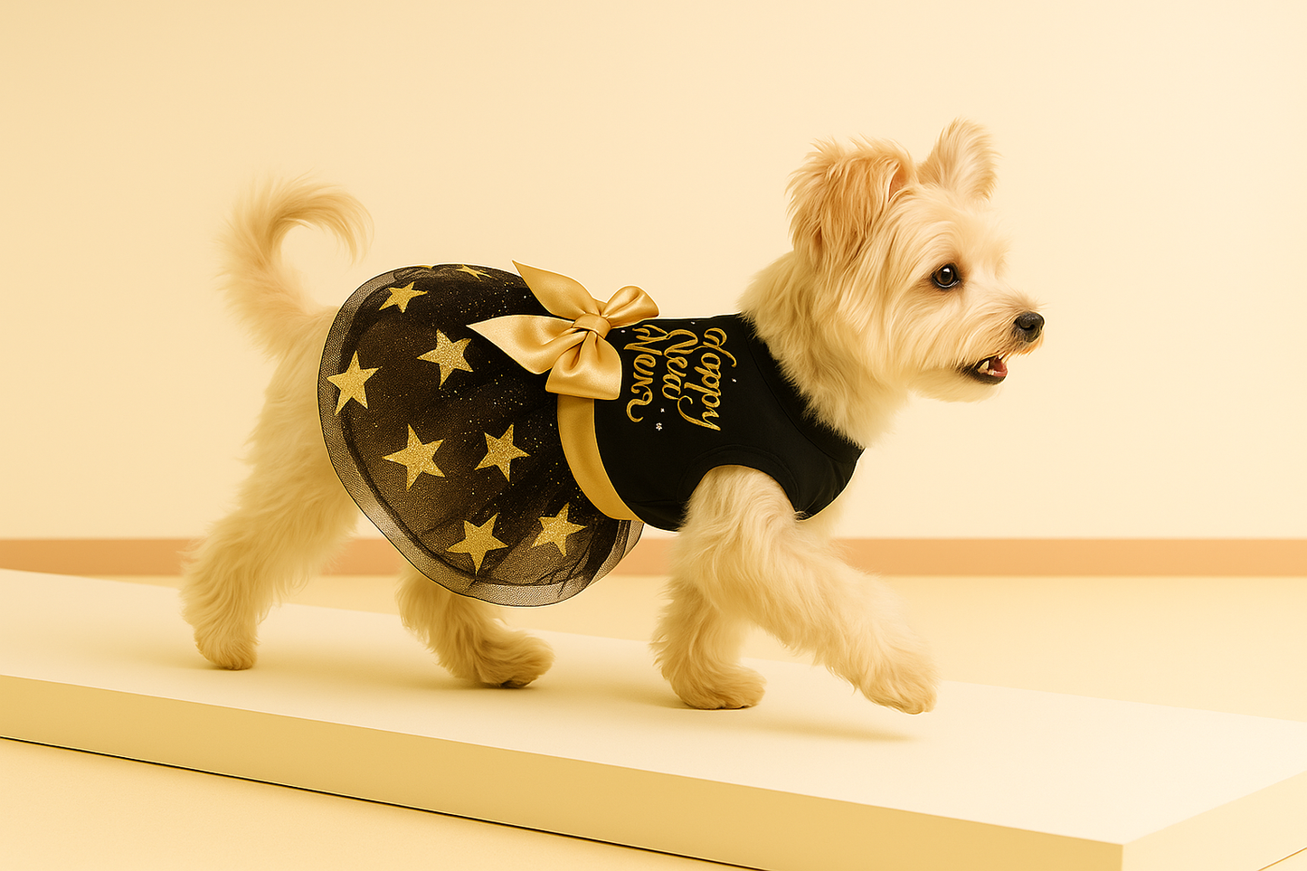 Happy New Year Dog Dress — Black & Gold Tulle Tutu, Glitter Lettering