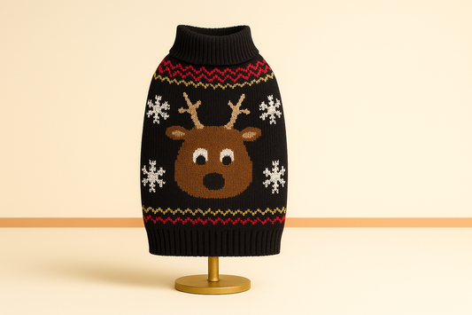 Reindeer Christmas Dog Sweater – Black Knit with Snowflakes