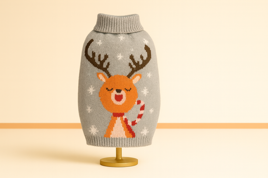 Holiday Reindeer Knit Dog Sweater – Grey with Candy Cane & Snowflakes