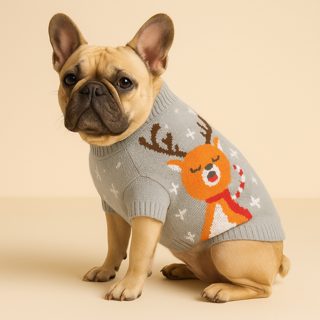 Holiday Reindeer Knit Dog Sweater – Grey with Candy Cane & Snowflakes