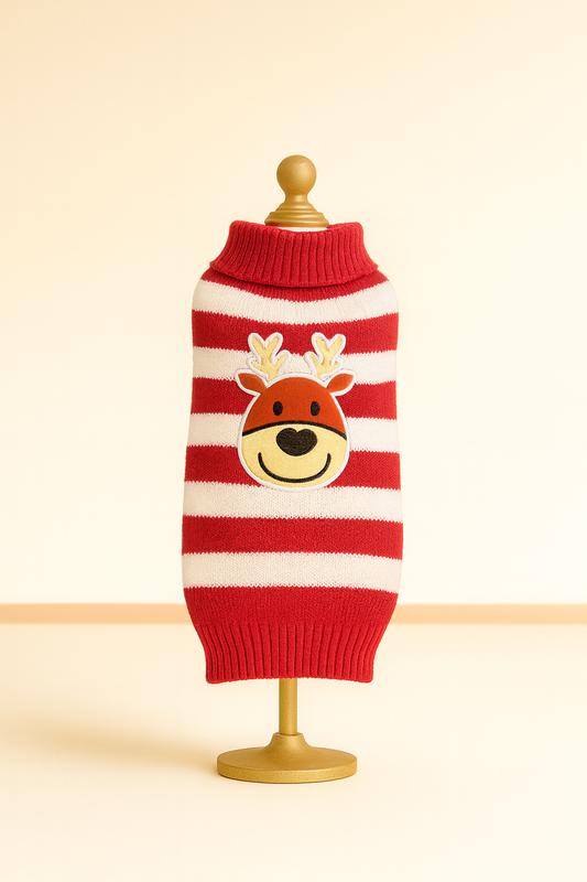 Holiday Reindeer Striped Knit Dog Sweater – Red & White Candy-Cane Stripes