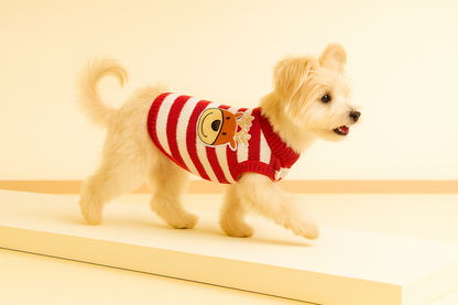 Holiday Reindeer Striped Knit Dog Sweater – Red & White Candy-Cane Stripes