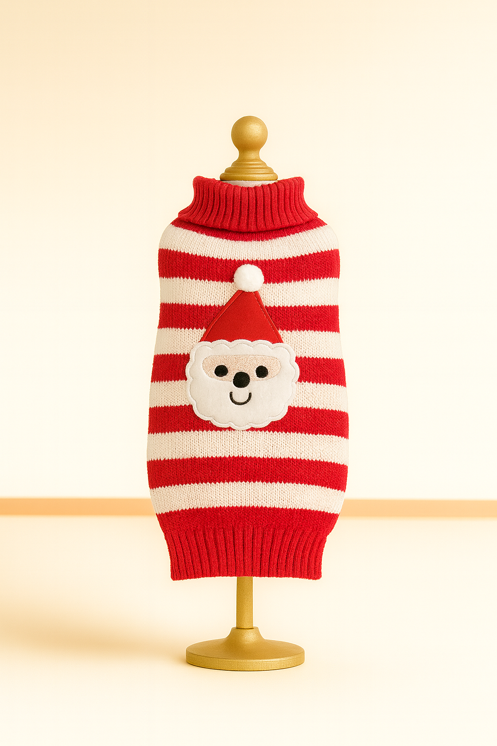 Santa Striped Knit Dog Sweater – Red & White Candy-Cane Stripes, Santa Appliqué