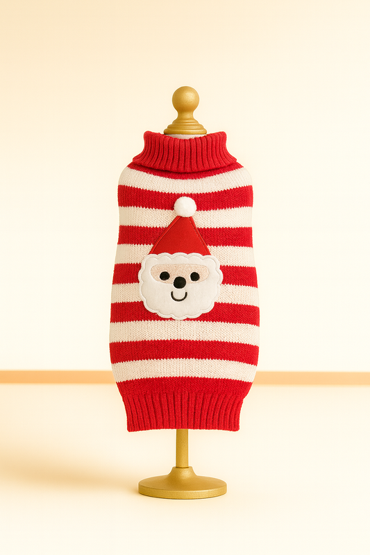 Santa Striped Knit Dog Sweater – Red & White Candy-Cane Stripes, Santa Appliqué