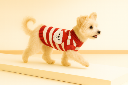 Santa Striped Knit Dog Sweater – Red & White Candy-Cane Stripes, Santa Appliqué
