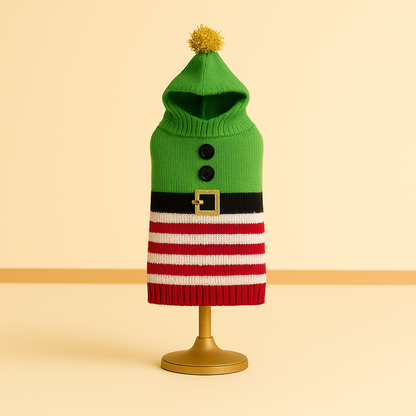 Elf Hoodie Knit Dog Sweater – Green Elf Hat, Belt & Red-White Stripes