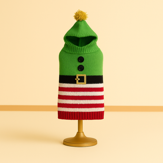 Elf Hoodie Knit Dog Sweater – Green Elf Hat, Belt & Red-White Stripes