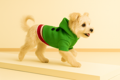 Elf Hoodie Knit Dog Sweater – Green Elf Hat, Belt & Red-White Stripes