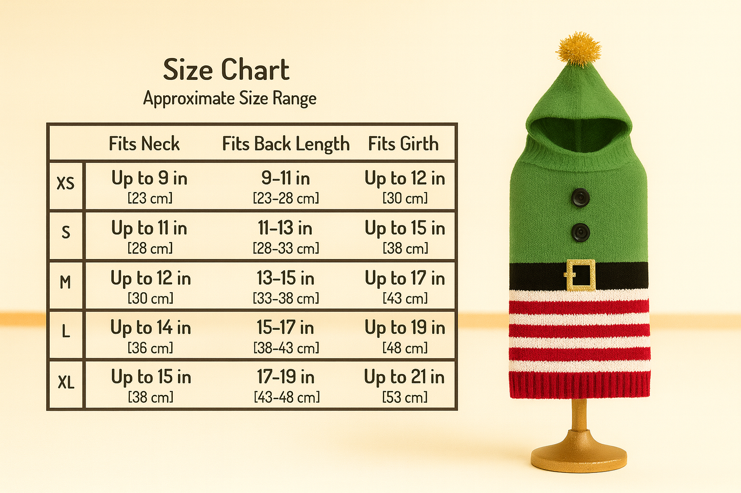 Elf Hoodie Knit Dog Sweater – Green Elf Hat, Belt & Red-White Stripes
