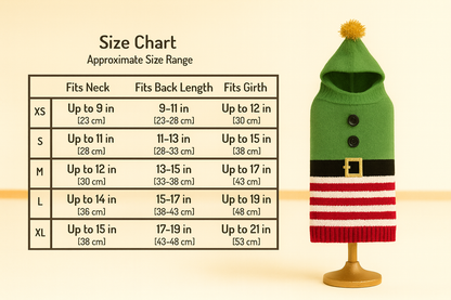 Elf Hoodie Knit Dog Sweater – Green Elf Hat, Belt & Red-White Stripes