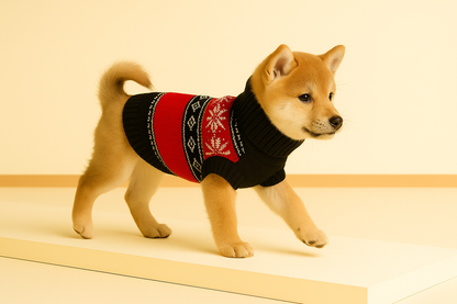 Fair Isle Knit Dog Sweater – Red All-Over Snowflake Pattern with Button Neck (Cozy Turtleneck)