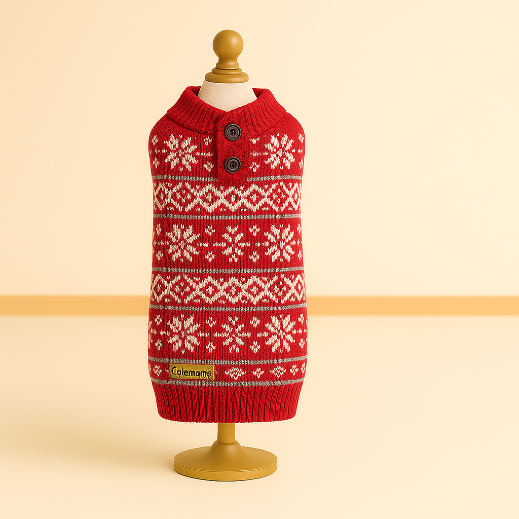 Fair Isle Knit Dog Sweater – Red All-Over Snowflake Pattern with Button Neck (Cozy Turtleneck)