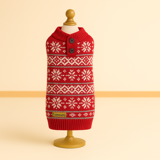 Fair Isle Knit Dog Sweater – Red All-Over Snowflake Pattern with Button Neck (Cozy Turtleneck)