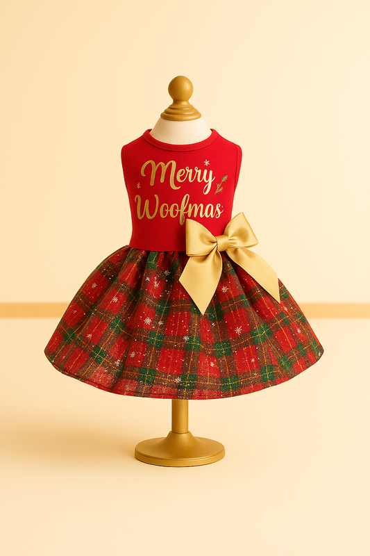 Dog Dress – Red Top, Gold Bow & Sparkle Tulle Skirt (Holiday)