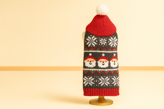 Santa Fair Isle Hooded Dog Sweater — Charcoal Gray with Red Pom Hat & Snowflakes