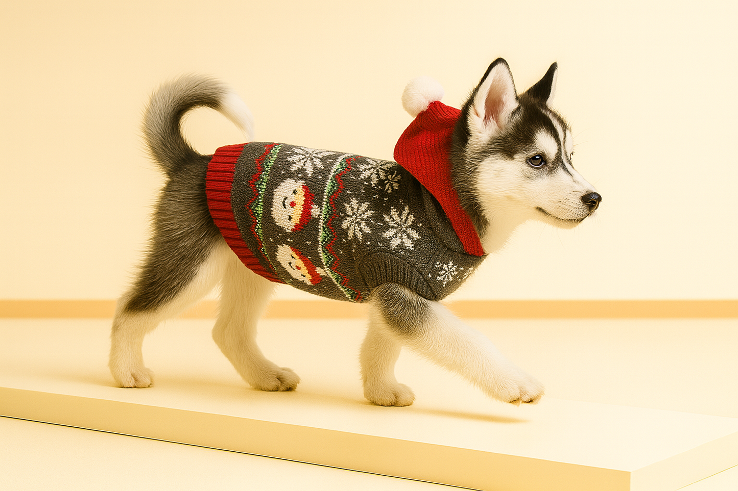 Santa Fair Isle Hooded Dog Sweater — Charcoal Gray with Red Pom Hat & Snowflakes