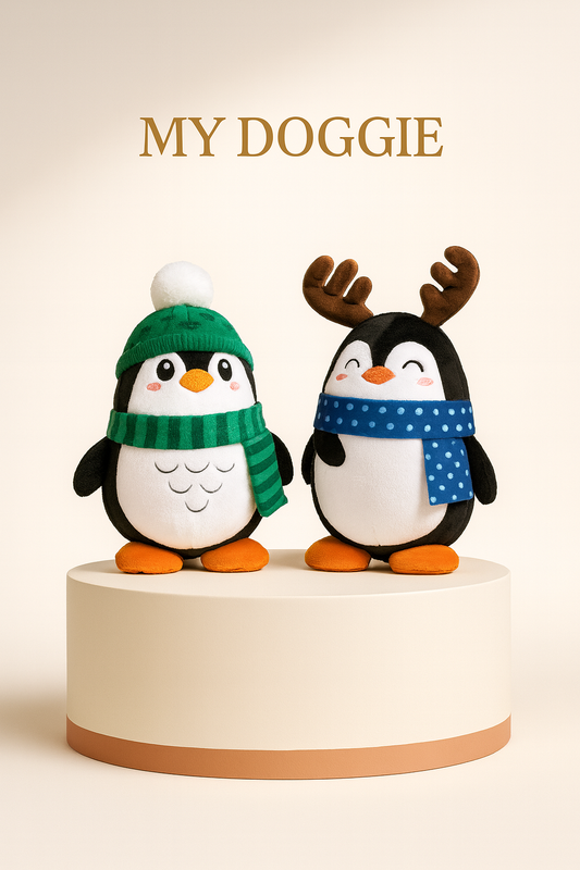Holiday Penguin (Large) — Reindeer Antlers & Scarf Plush Dog Toy with Squeaker