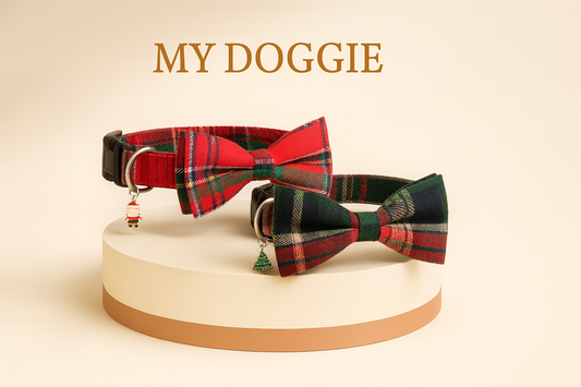 Holiday Plaid Dog Collars with Bow Ties  — , Metal D-Ring, Quick-Release Buckle, Santa & Tree Charms