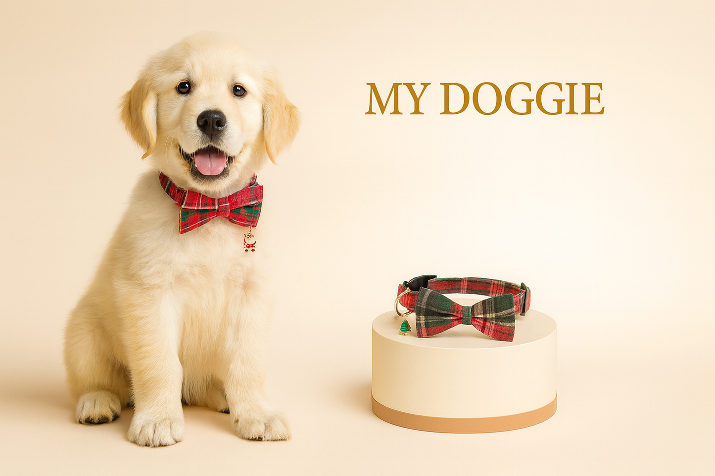 Holiday Plaid Dog Collars with Bow Ties  — , Metal D-Ring, Quick-Release Buckle, Santa & Tree Charms