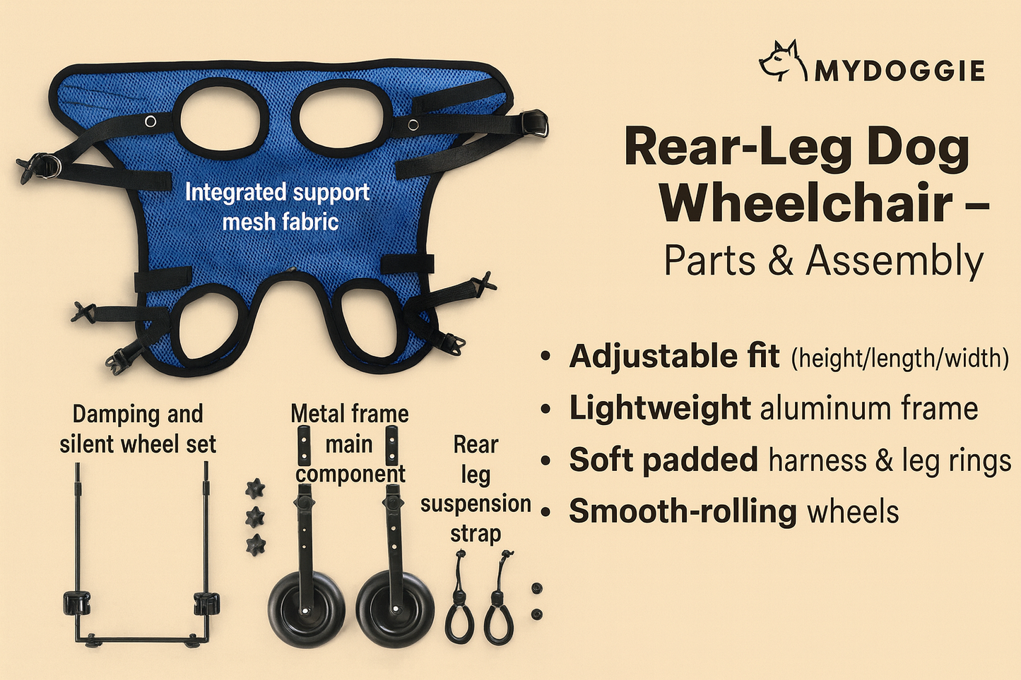 Lightweight Rear Support Dog Wheelchair — Adjustable Fit