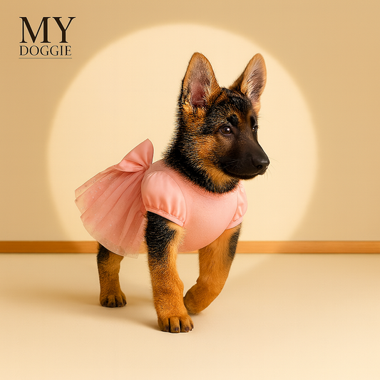 My Doggie Luxury Velvet Dog Dress — Pink Princess Outfit with Glitter Tulle Skirt & Satin Bow with Pearl Detail — Premium Gift-Ready Pet Dress (Multiple Sizes)