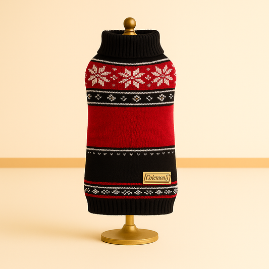 Coleman Fair Isle Knit Dog Sweater – Red/Black Winter Snowflake Pattern, Cozy Turtleneck