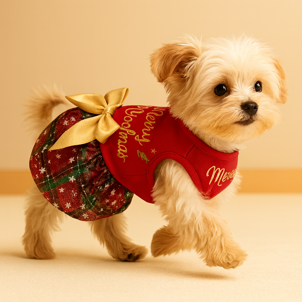 Dog Dress – Red Top, Gold Bow & Sparkle Tulle Skirt (Holiday)