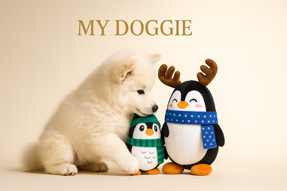 Holiday Penguin (Large) — Reindeer Antlers & Scarf Plush Dog Toy with Squeaker