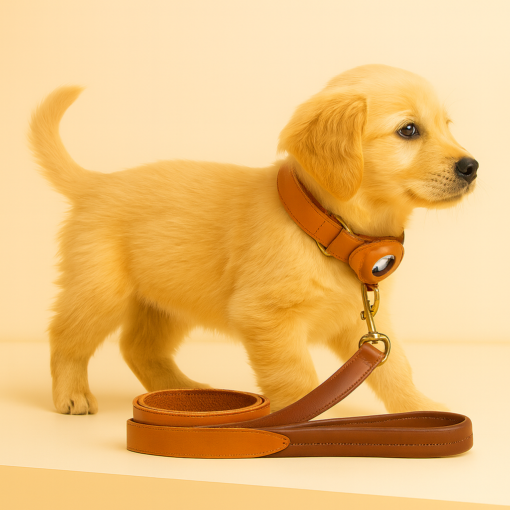 MYDOGGIEFOOD Couture Leather Collar & Leash Gift Set | Luxury AirTag-Ready Design | Handcrafted Finish | Printed & Packaged in Costa Rica– Perfect for Small, Medium & Large Dogs
