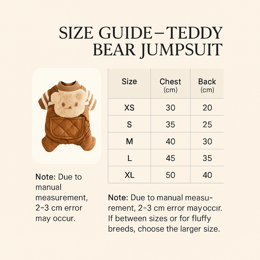 Teddy Bear Dog Jumpsuit — Thick, Warm Overalls for Fall/Winter