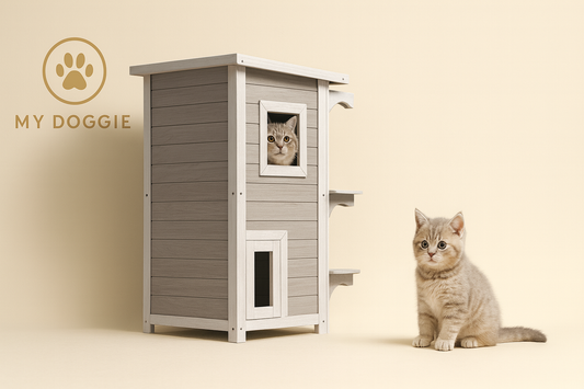 2-Story Wooden Cat House with Escape Door Rainproof