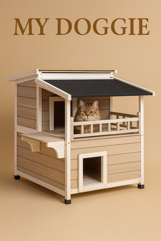 2-Story Wooden Patio Luxurious Cat Shelter House Condo with Large Balcony