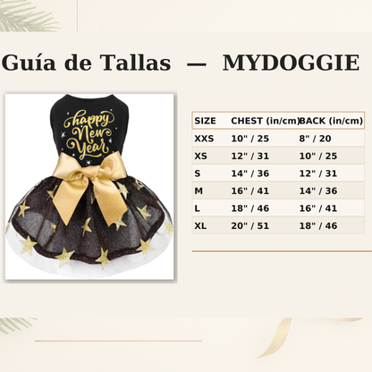 Happy New Year Dog Dress — Black & Gold Tulle Tutu, Glitter Lettering