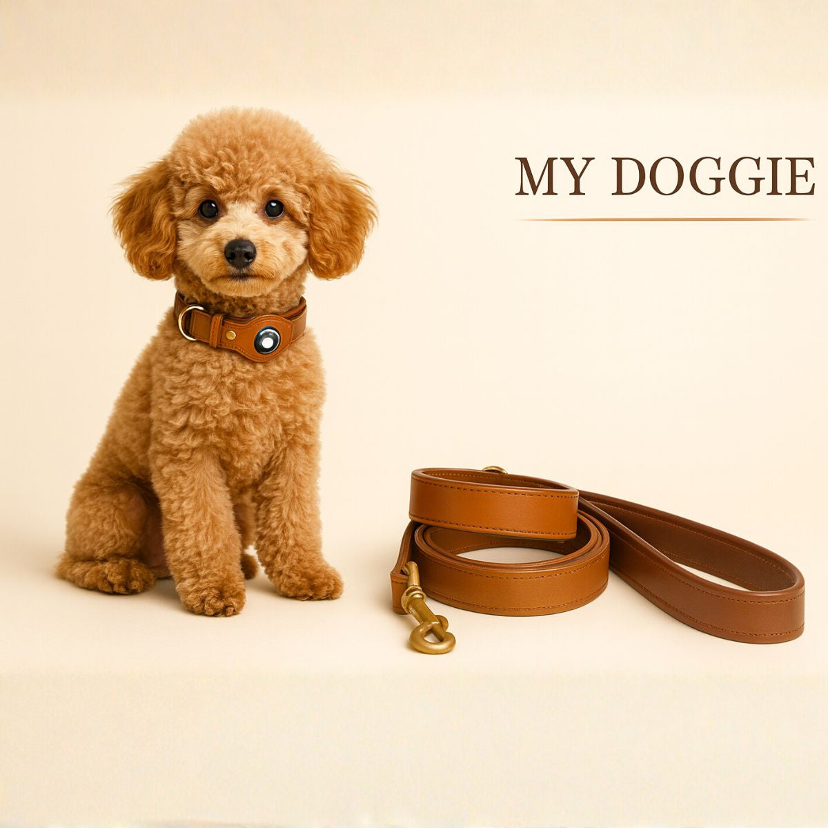 My Doggie Premium Leather Dog Collar with AirTag Pocket & Safety Clasp — 100% Genuine Leather, Heavy-Duty Buckles, Secure Matching Leather Leash
