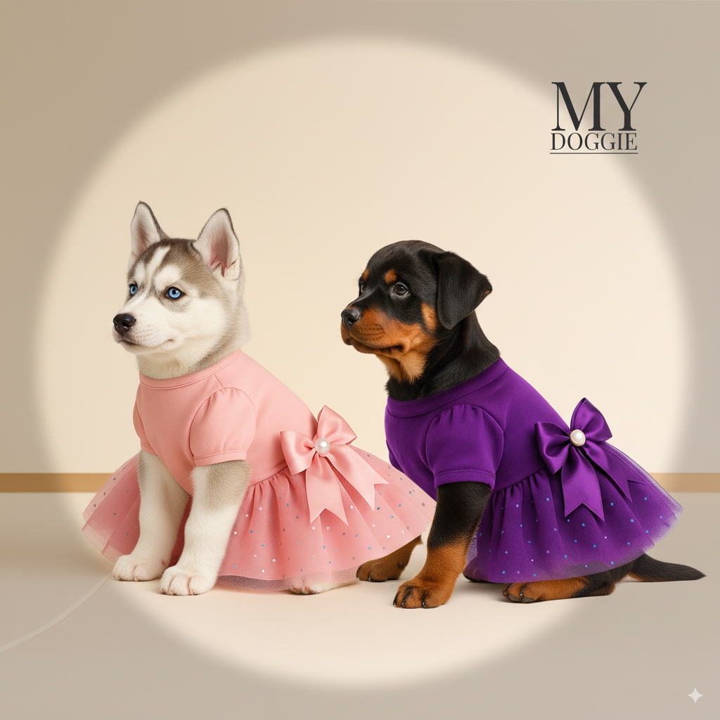 My Doggie Luxury Velvet Dog Dress — Pink Princess Outfit with Glitter Tulle Skirt & Satin Bow with Pearl Detail — Premium Gift-Ready Pet Dress