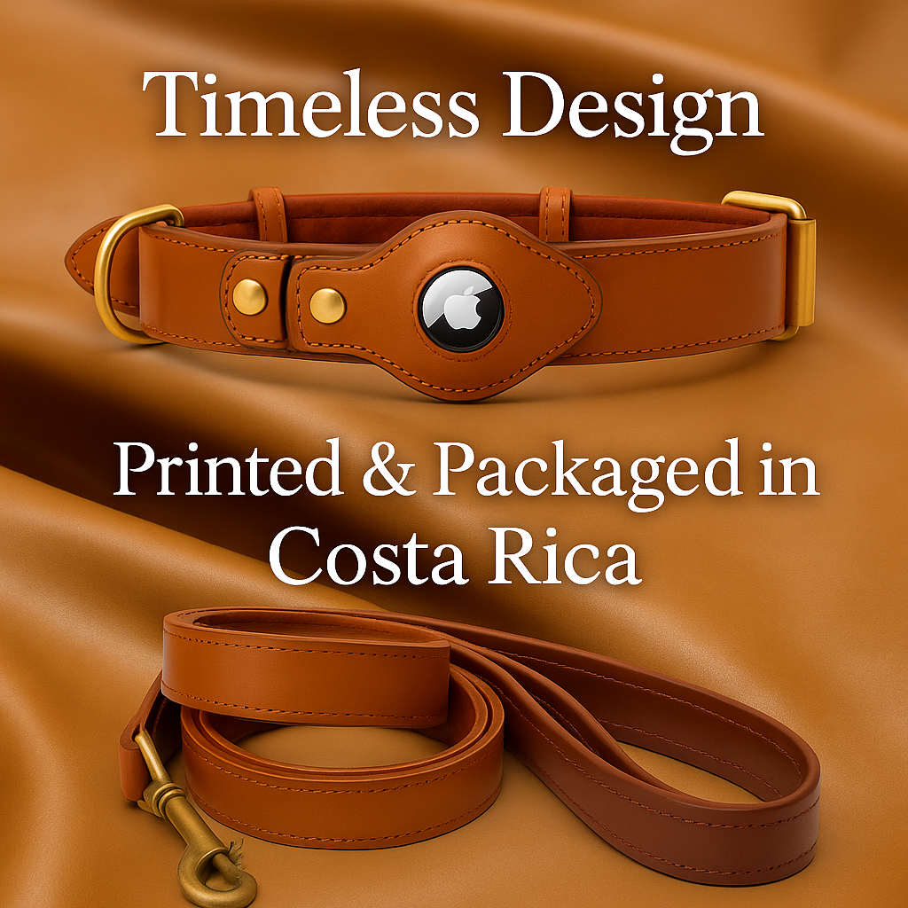 MYDOGGIEFOOD Couture Leather Collar & Leash Gift Set | Luxury AirTag-Ready Design | Handcrafted Finish | Printed & Packaged in Costa Rica– Perfect for Small, Medium & Large Dogs