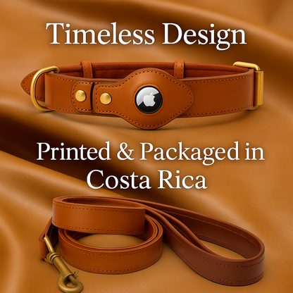 MYDOGGIEFOOD Couture Leather Collar & Leash Gift Set | Luxury AirTag-Ready Design | Handcrafted Finish | Printed & Packaged in Costa Rica– Perfect for Small, Medium & Large Dogs