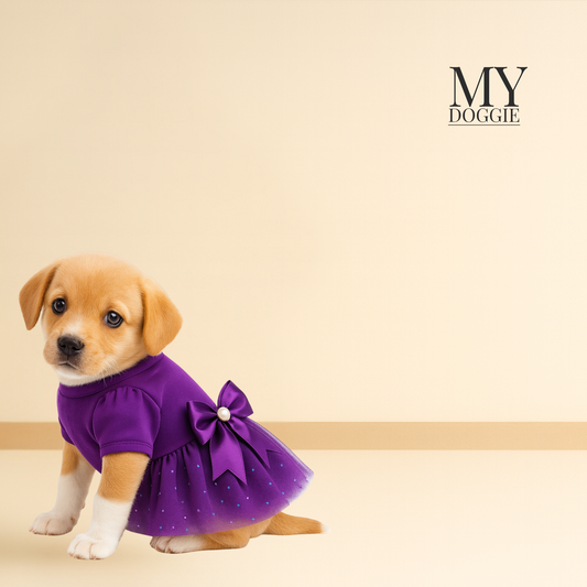 My Doggie Luxury Velvet Dog Dress — Pink Princess Outfit with Glitter Tulle Skirt & Satin Bow with Pearl Detail — Premium Gift-Ready Pet Dress (Multiple Sizes)